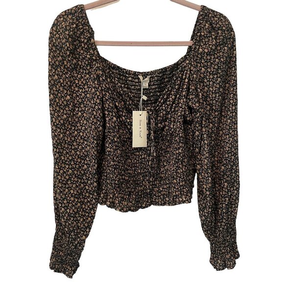 Sim & Sam Tops - Sim & Sam Black Green Floral Ruched Elastic Waist Boho Cropped Top SZ M NWT